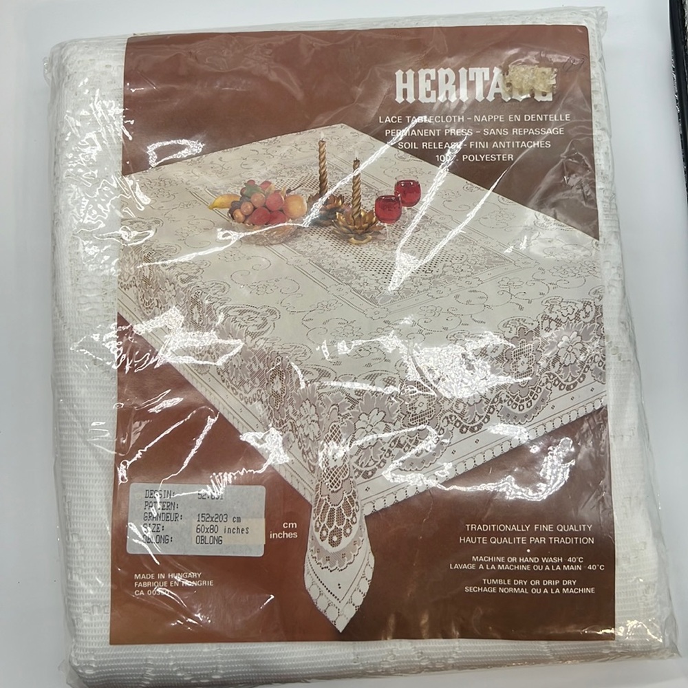 Heritage lace tablecloth vintage new in package 60x80” oblong made in Hungary